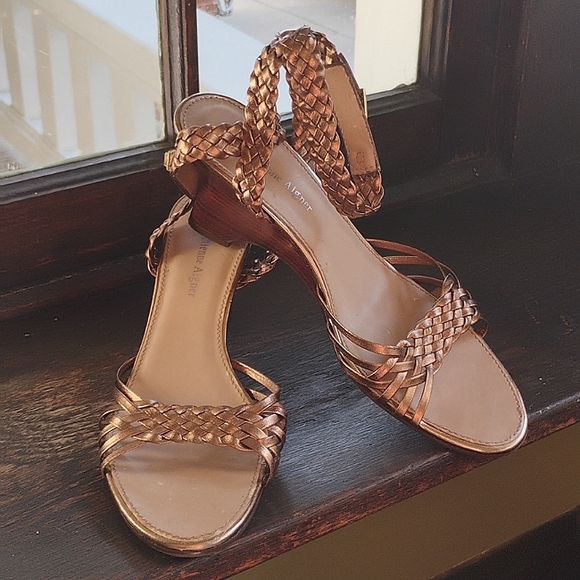 Etienne Aigner Braided Sandals Ankle Straps, Bronze 3-Inch Heel, Party Size 8.5M - Picture 7 of 7